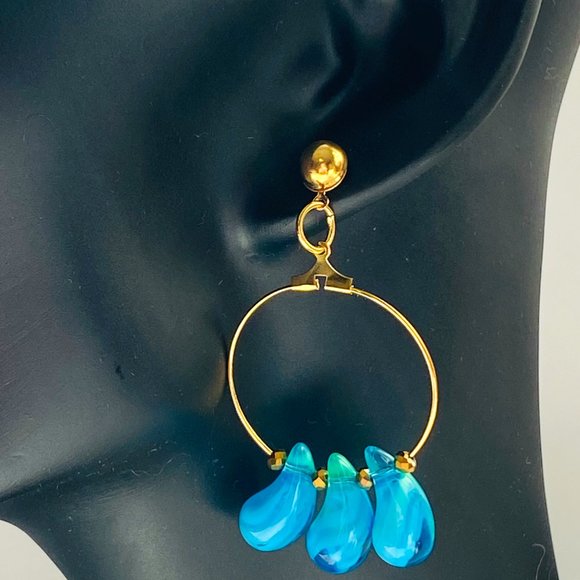 Lampwork Turquoise Teardrop Glass on Gold Plated Hoops - Picture 3 of 6